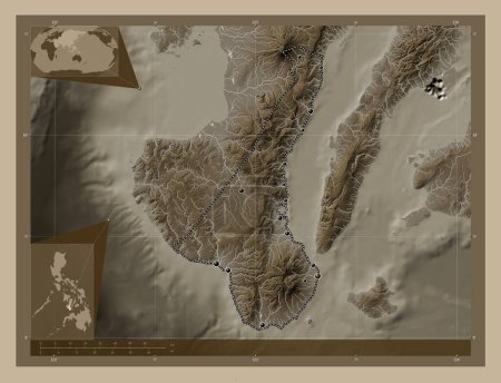Foto de Negros Oriental, province of Philippines. Elevation map colored in sepia tones with lakes and rivers. Locations of major cities of the region. Corner auxiliary location maps - Imagen libre de derechos