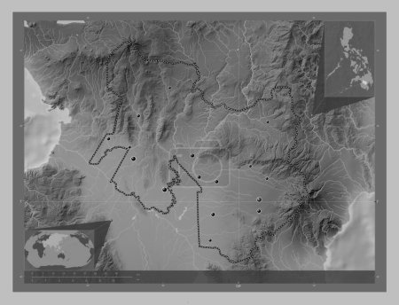 Photo for North Cotabato, province of Philippines. Grayscale elevation map with lakes and rivers. Locations of major cities of the region. Corner auxiliary location maps - Royalty Free Image
