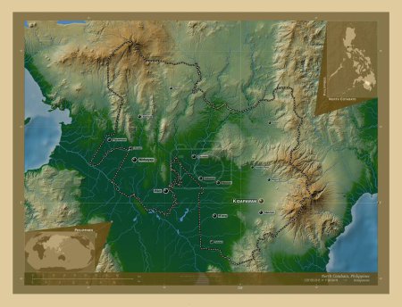 Photo for North Cotabato, province of Philippines. Colored elevation map with lakes and rivers. Locations and names of major cities of the region. Corner auxiliary location maps - Royalty Free Image