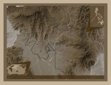 Téléchargez les photos : North Cotabato, province of Philippines. Elevation map colored in sepia tones with lakes and rivers. Locations of major cities of the region. Corner auxiliary location maps - en image libre de droit