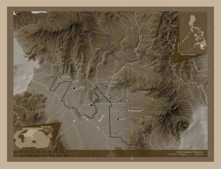 Photo for North Cotabato, province of Philippines. Elevation map colored in sepia tones with lakes and rivers. Locations and names of major cities of the region. Corner auxiliary location maps - Royalty Free Image