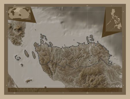 Téléchargez les photos : Northern Samar, province of Philippines. Elevation map colored in sepia tones with lakes and rivers. Locations of major cities of the region. Corner auxiliary location maps - en image libre de droit