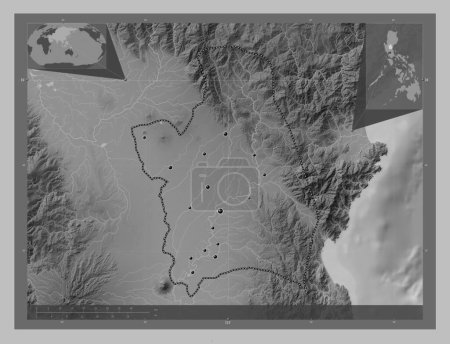 Téléchargez les photos : Nueva Ecija, province of Philippines. Grayscale elevation map with lakes and rivers. Locations of major cities of the region. Corner auxiliary location maps - en image libre de droit