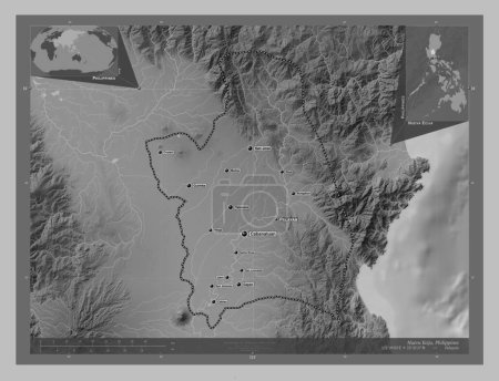 Téléchargez les photos : Nueva Ecija, province of Philippines. Grayscale elevation map with lakes and rivers. Locations and names of major cities of the region. Corner auxiliary location maps - en image libre de droit