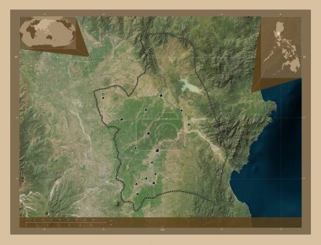 Téléchargez les photos : Nueva Ecija, province of Philippines. Low resolution satellite map. Locations of major cities of the region. Corner auxiliary location maps - en image libre de droit