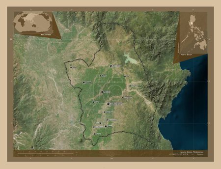 Foto de Nueva Ecija, province of Philippines. Low resolution satellite map. Locations and names of major cities of the region. Corner auxiliary location maps - Imagen libre de derechos