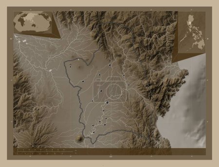 Téléchargez les photos : Nueva Ecija, province of Philippines. Elevation map colored in sepia tones with lakes and rivers. Locations of major cities of the region. Corner auxiliary location maps - en image libre de droit