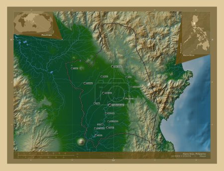 Téléchargez les photos : Nueva Ecija, province of Philippines. Colored elevation map with lakes and rivers. Locations and names of major cities of the region. Corner auxiliary location maps - en image libre de droit