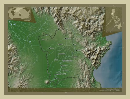 Téléchargez les photos : Nueva Ecija, province of Philippines. Elevation map colored in wiki style with lakes and rivers. Locations and names of major cities of the region. Corner auxiliary location maps - en image libre de droit