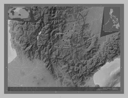 Téléchargez les photos : Nueva Vizcaya, province of Philippines. Grayscale elevation map with lakes and rivers. Locations and names of major cities of the region. Corner auxiliary location maps - en image libre de droit
