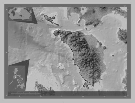 Téléchargez les photos : Occidental Mindoro, province of Philippines. Grayscale elevation map with lakes and rivers. Locations of major cities of the region. Corner auxiliary location maps - en image libre de droit