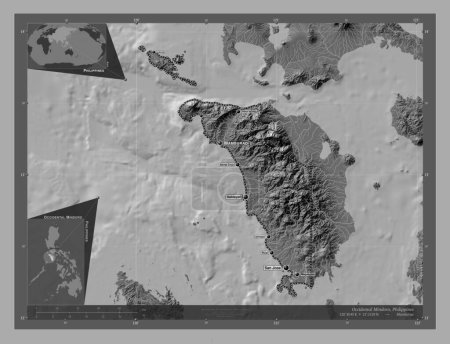 Photo for Occidental Mindoro, province of Philippines. Bilevel elevation map with lakes and rivers. Locations and names of major cities of the region. Corner auxiliary location maps - Royalty Free Image