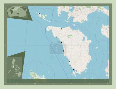 Téléchargez les photos : Occidental Mindoro, province of Philippines. Open Street Map. Locations of major cities of the region. Corner auxiliary location maps - en image libre de droit