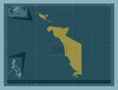 Téléchargez les photos : Occidental Mindoro, province of Philippines. Solid color shape. Locations of major cities of the region. Corner auxiliary location maps - en image libre de droit
