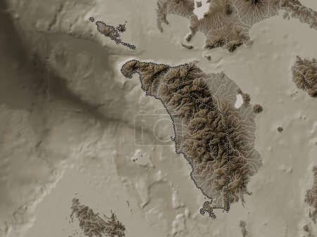 Téléchargez les photos : Occidental Mindoro, province of Philippines. Elevation map colored in sepia tones with lakes and rivers - en image libre de droit