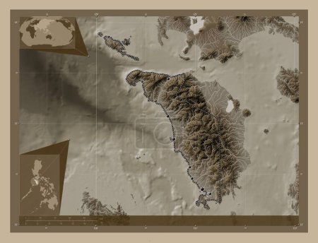 Téléchargez les photos : Occidental Mindoro, province of Philippines. Elevation map colored in sepia tones with lakes and rivers. Locations of major cities of the region. Corner auxiliary location maps - en image libre de droit
