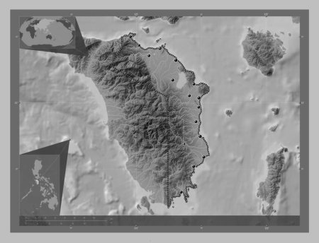 Foto de Oriental Mindoro, province of Philippines. Grayscale elevation map with lakes and rivers. Locations of major cities of the region. Corner auxiliary location maps - Imagen libre de derechos
