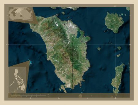 Foto de Oriental Mindoro, province of Philippines. High resolution satellite map. Locations of major cities of the region. Corner auxiliary location maps - Imagen libre de derechos
