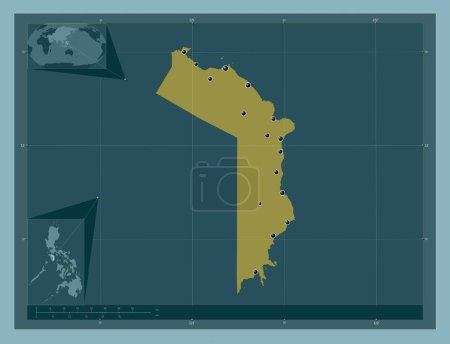 Téléchargez les photos : Oriental Mindoro, province of Philippines. Solid color shape. Locations of major cities of the region. Corner auxiliary location maps - en image libre de droit