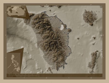 Téléchargez les photos : Oriental Mindoro, province of Philippines. Elevation map colored in sepia tones with lakes and rivers. Locations of major cities of the region. Corner auxiliary location maps - en image libre de droit