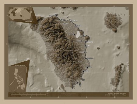 Foto de Oriental Mindoro, province of Philippines. Elevation map colored in sepia tones with lakes and rivers. Locations and names of major cities of the region. Corner auxiliary location maps - Imagen libre de derechos