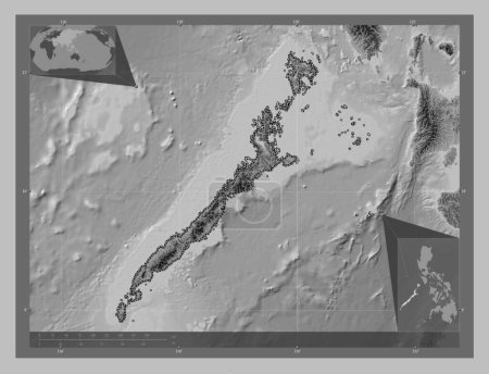 Téléchargez les photos : Palawan, province of Philippines. Grayscale elevation map with lakes and rivers. Corner auxiliary location maps - en image libre de droit