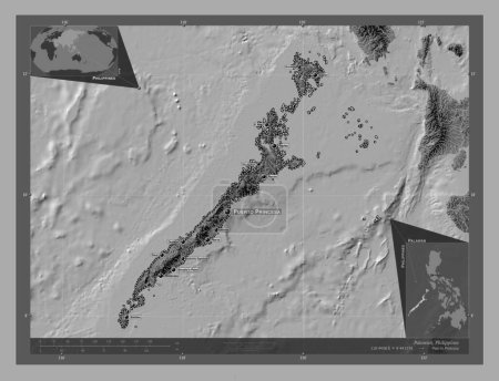 Téléchargez les photos : Palawan, province of Philippines. Bilevel elevation map with lakes and rivers. Locations and names of major cities of the region. Corner auxiliary location maps - en image libre de droit