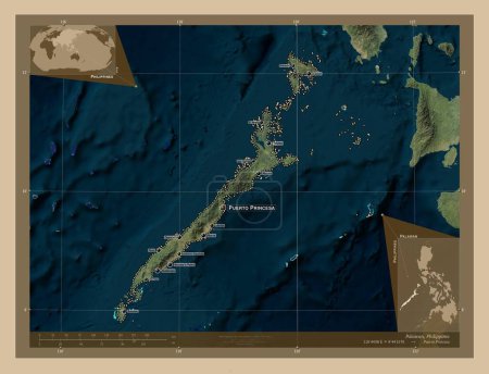 Photo for Palawan, province of Philippines. Low resolution satellite map. Locations and names of major cities of the region. Corner auxiliary location maps - Royalty Free Image