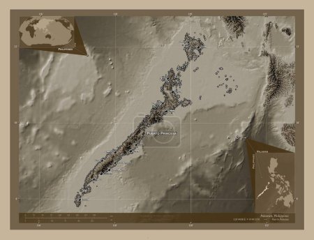 Photo for Palawan, province of Philippines. Elevation map colored in sepia tones with lakes and rivers. Locations and names of major cities of the region. Corner auxiliary location maps - Royalty Free Image