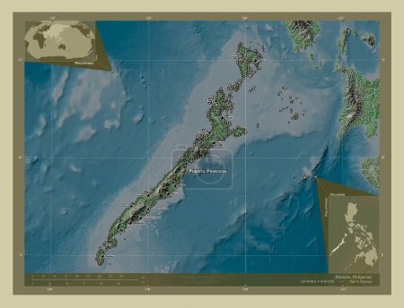 Photo for Palawan, province of Philippines. Elevation map colored in wiki style with lakes and rivers. Locations and names of major cities of the region. Corner auxiliary location maps - Royalty Free Image