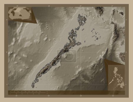 Photo for Palawan, province of Philippines. Elevation map colored in sepia tones with lakes and rivers. Locations of major cities of the region. Corner auxiliary location maps - Royalty Free Image