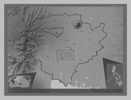 Photo for Pampanga, province of Philippines. Grayscale elevation map with lakes and rivers. Locations of major cities of the region. Corner auxiliary location maps - Royalty Free Image