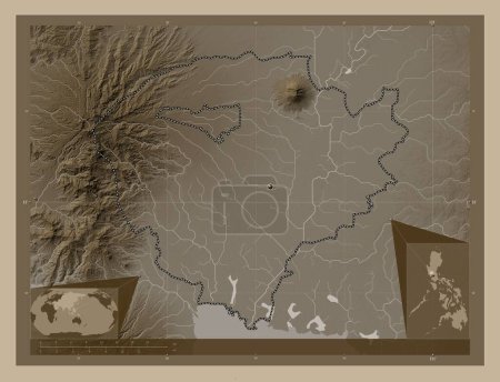 Photo for Pampanga, province of Philippines. Elevation map colored in sepia tones with lakes and rivers. Corner auxiliary location maps - Royalty Free Image