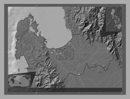 Foto de Pangasinan, province of Philippines. Bilevel elevation map with lakes and rivers. Locations of major cities of the region. Corner auxiliary location maps - Imagen libre de derechos
