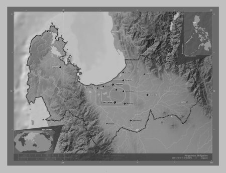 Photo for Pangasinan, province of Philippines. Grayscale elevation map with lakes and rivers. Locations and names of major cities of the region. Corner auxiliary location maps - Royalty Free Image