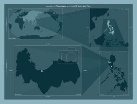 Téléchargez les photos : Pangasinan, province of Philippines. Diagram showing the location of the region on larger-scale maps. Composition of vector frames and PNG shapes on a solid background - en image libre de droit