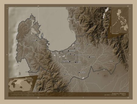 Foto de Pangasinan, province of Philippines. Elevation map colored in sepia tones with lakes and rivers. Locations and names of major cities of the region. Corner auxiliary location maps - Imagen libre de derechos