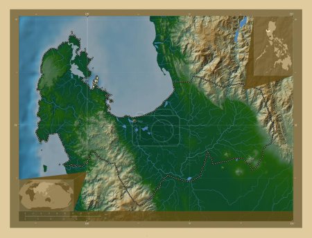 Téléchargez les photos : Pangasinan, province of Philippines. Colored elevation map with lakes and rivers. Corner auxiliary location maps - en image libre de droit