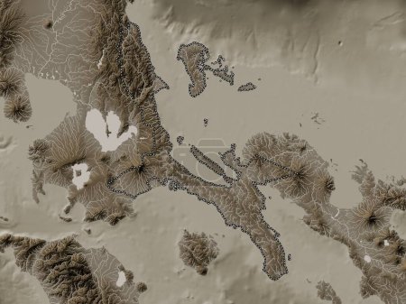 Photo for Quezon, province of Philippines. Elevation map colored in sepia tones with lakes and rivers - Royalty Free Image