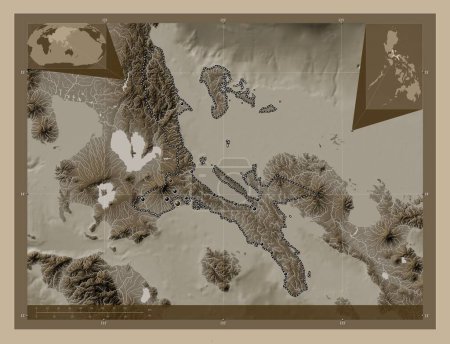 Téléchargez les photos : Quezon, province of Philippines. Elevation map colored in sepia tones with lakes and rivers. Locations of major cities of the region. Corner auxiliary location maps - en image libre de droit