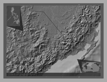 Foto de Quirino, province of Philippines. Bilevel elevation map with lakes and rivers. Locations of major cities of the region. Corner auxiliary location maps - Imagen libre de derechos