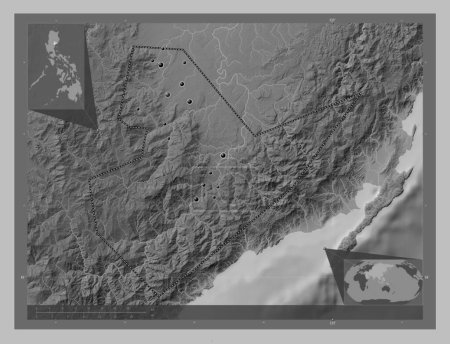 Foto de Quirino, province of Philippines. Grayscale elevation map with lakes and rivers. Locations of major cities of the region. Corner auxiliary location maps - Imagen libre de derechos
