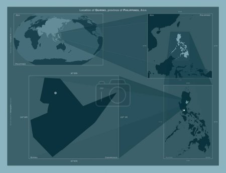 Foto de Quirino, province of Philippines. Diagram showing the location of the region on larger-scale maps. Composition of vector frames and PNG shapes on a solid background - Imagen libre de derechos