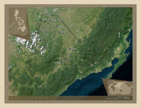 Foto de Quirino, province of Philippines. High resolution satellite map. Locations and names of major cities of the region. Corner auxiliary location maps - Imagen libre de derechos