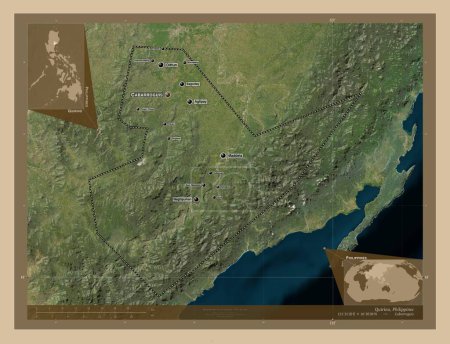 Foto de Quirino, province of Philippines. Low resolution satellite map. Locations and names of major cities of the region. Corner auxiliary location maps - Imagen libre de derechos