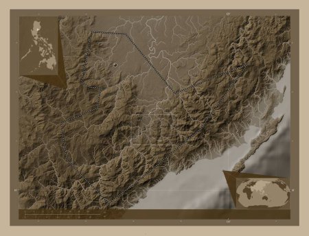 Téléchargez les photos : Quirino, province of Philippines. Elevation map colored in sepia tones with lakes and rivers. Corner auxiliary location maps - en image libre de droit