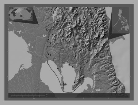 Foto de Rizal, province of Philippines. Bilevel elevation map with lakes and rivers. Locations of major cities of the region. Corner auxiliary location maps - Imagen libre de derechos