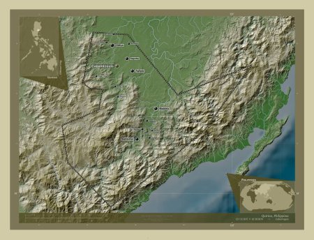 Foto de Quirino, province of Philippines. Elevation map colored in wiki style with lakes and rivers. Locations and names of major cities of the region. Corner auxiliary location maps - Imagen libre de derechos