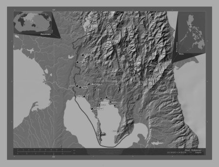 Foto de Rizal, province of Philippines. Bilevel elevation map with lakes and rivers. Locations and names of major cities of the region. Corner auxiliary location maps - Imagen libre de derechos