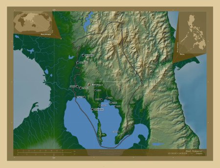 Photo for Rizal, province of Philippines. Colored elevation map with lakes and rivers. Locations and names of major cities of the region. Corner auxiliary location maps - Royalty Free Image